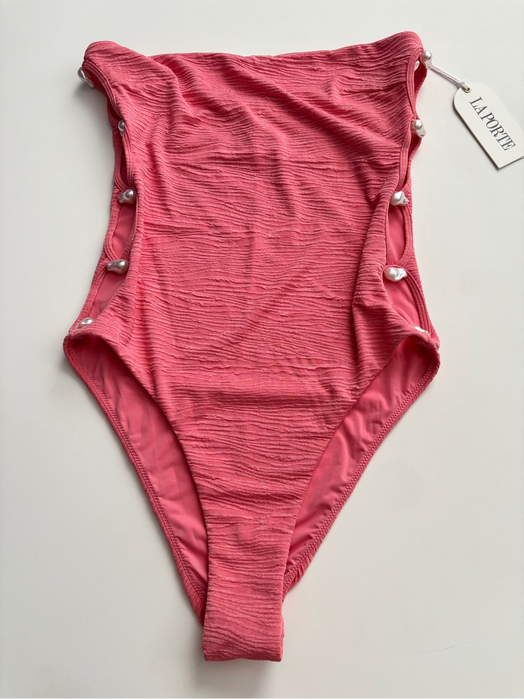 La Porte Swim One Piece Swimsuit Stephanie Bubblegum Pink Jacquard Strapless